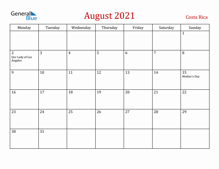 Costa Rica August 2021 Calendar - Monday Start