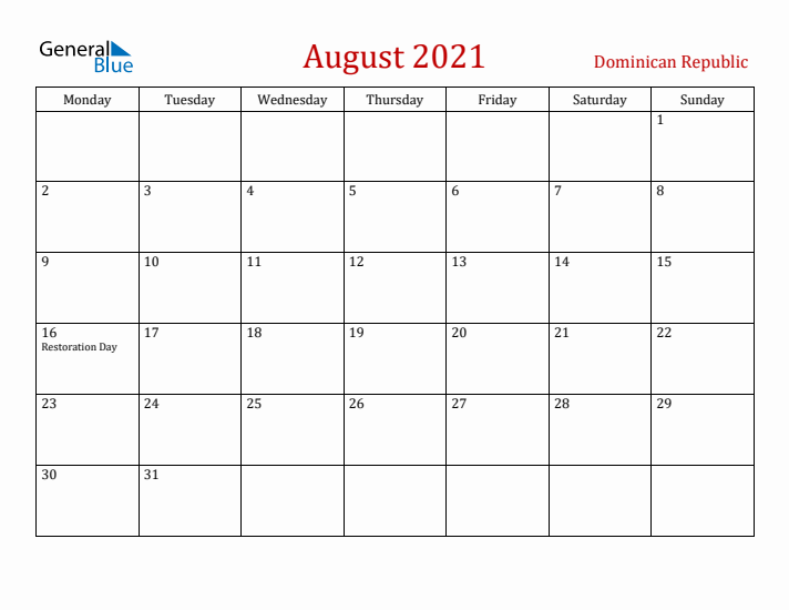 Dominican Republic August 2021 Calendar - Monday Start