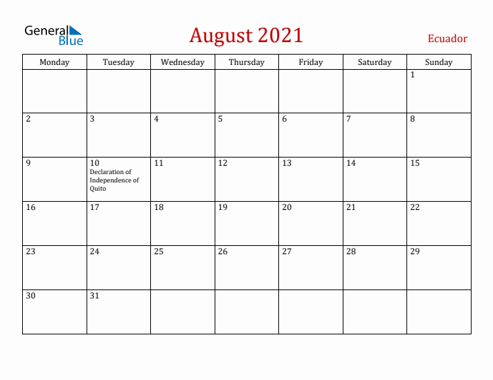 Ecuador August 2021 Calendar - Monday Start