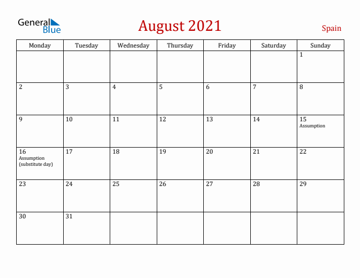 Spain August 2021 Calendar - Monday Start