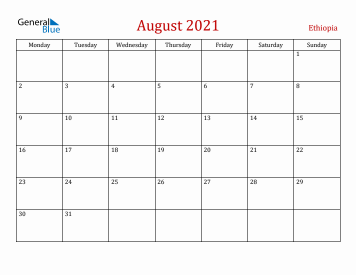 Ethiopia August 2021 Calendar - Monday Start