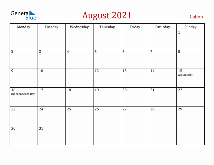 Gabon August 2021 Calendar - Monday Start