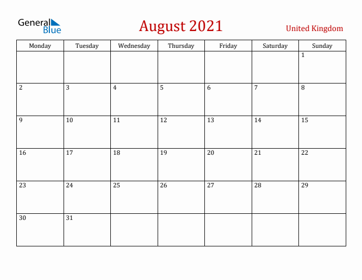 United Kingdom August 2021 Calendar - Monday Start