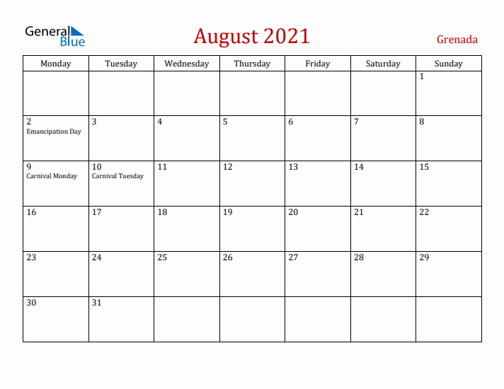 Grenada August 2021 Calendar - Monday Start