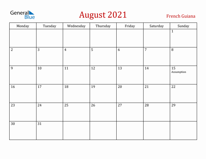 French Guiana August 2021 Calendar - Monday Start