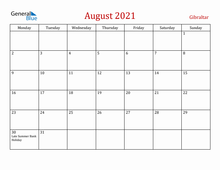 Gibraltar August 2021 Calendar - Monday Start