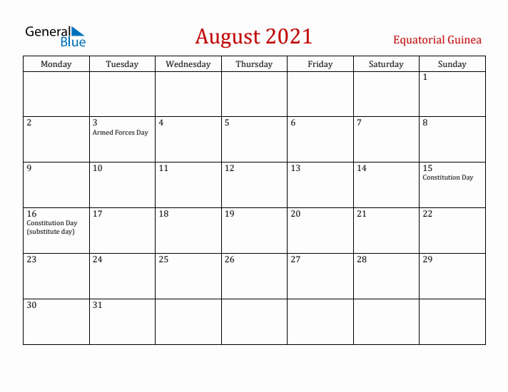 Equatorial Guinea August 2021 Calendar - Monday Start
