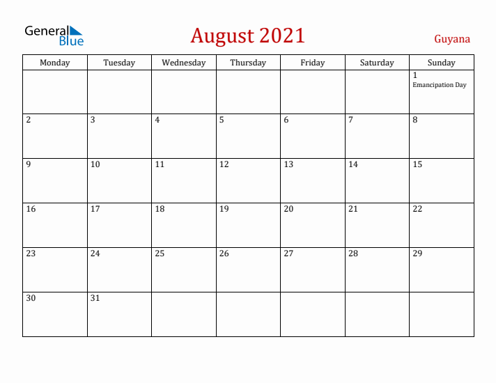 Guyana August 2021 Calendar - Monday Start