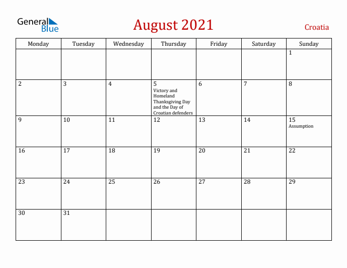 Croatia August 2021 Calendar - Monday Start