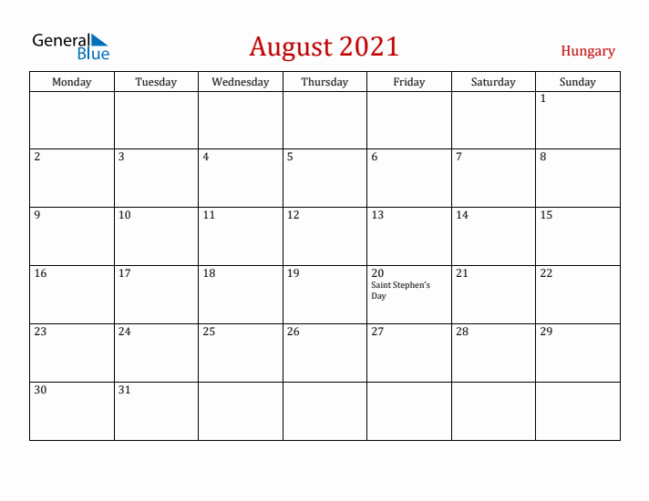 Hungary August 2021 Calendar - Monday Start