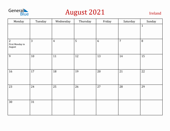 Ireland August 2021 Calendar - Monday Start