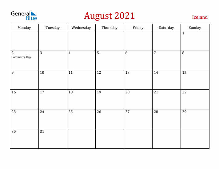 Iceland August 2021 Calendar - Monday Start