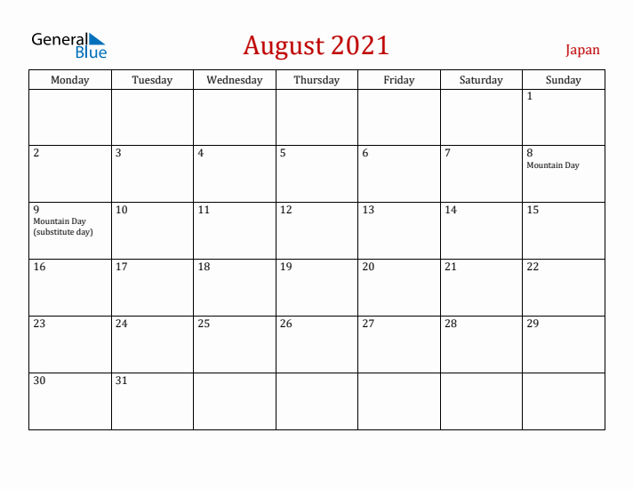 Japan August 2021 Calendar - Monday Start