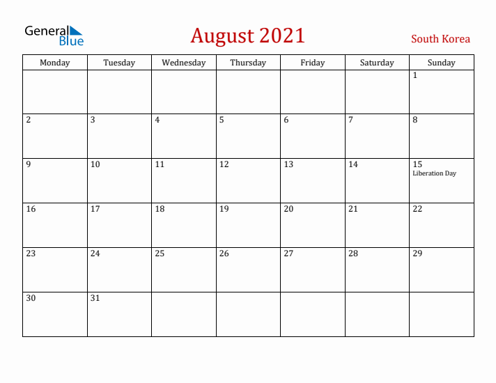 South Korea August 2021 Calendar - Monday Start