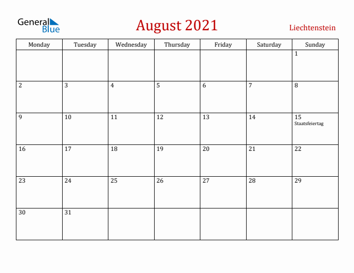 Liechtenstein August 2021 Calendar - Monday Start