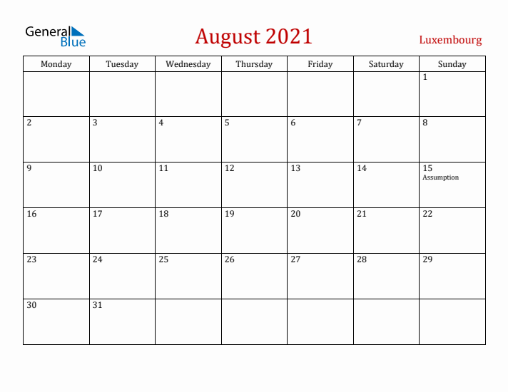 Luxembourg August 2021 Calendar - Monday Start