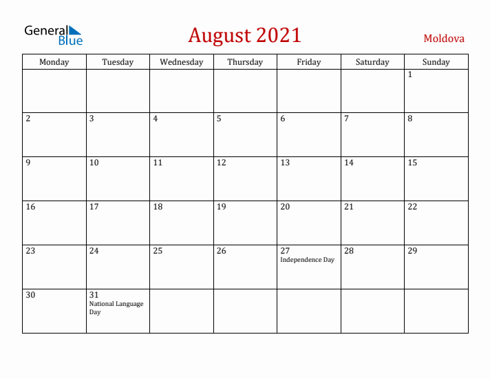 Moldova August 2021 Calendar - Monday Start