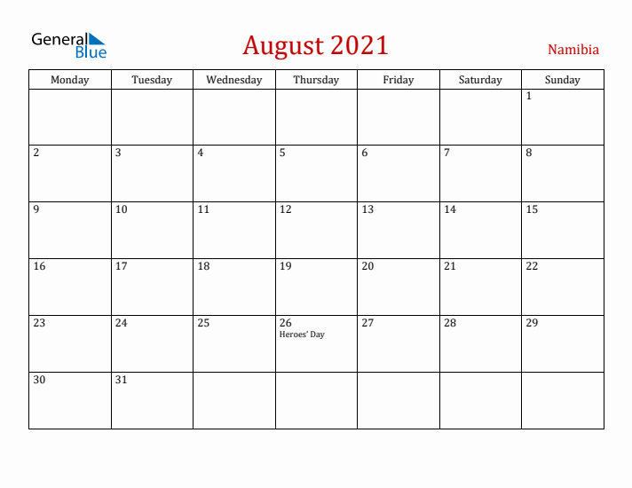 Namibia August 2021 Calendar - Monday Start