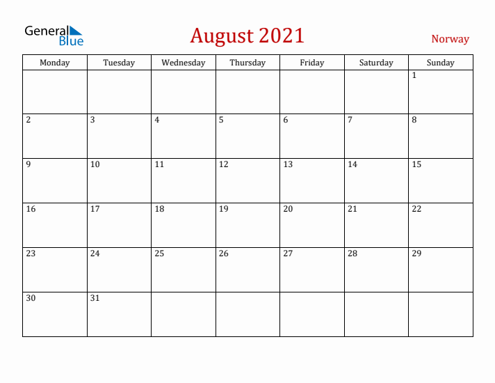 Norway August 2021 Calendar - Monday Start