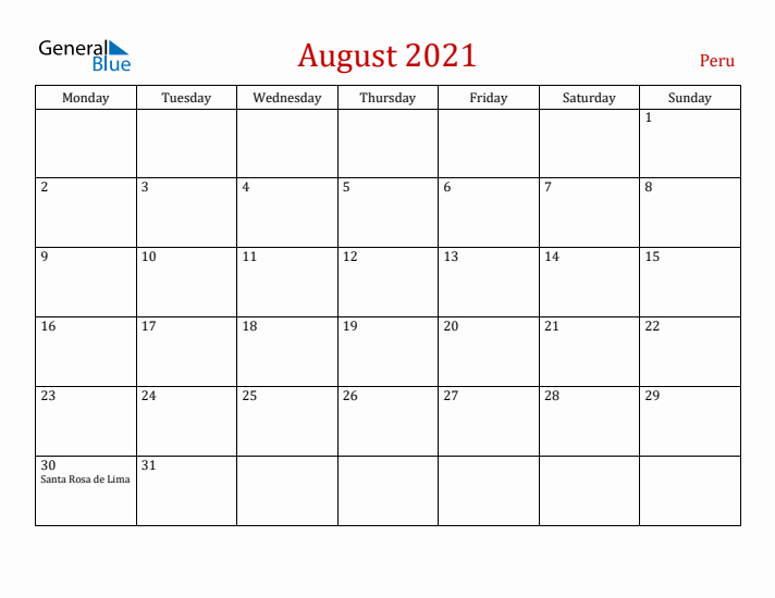 Peru August 2021 Calendar - Monday Start