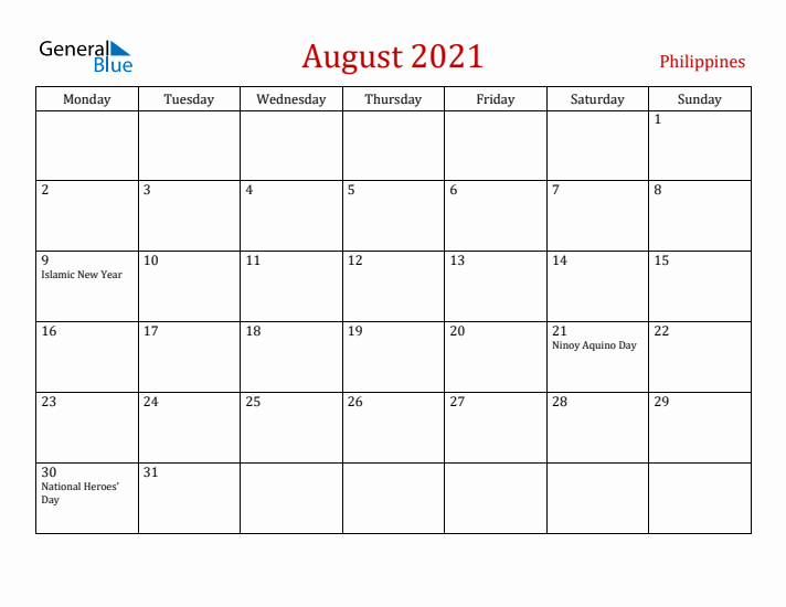 Philippines August 2021 Calendar - Monday Start