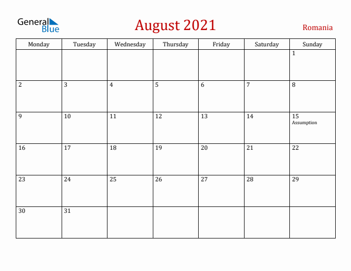 Romania August 2021 Calendar - Monday Start