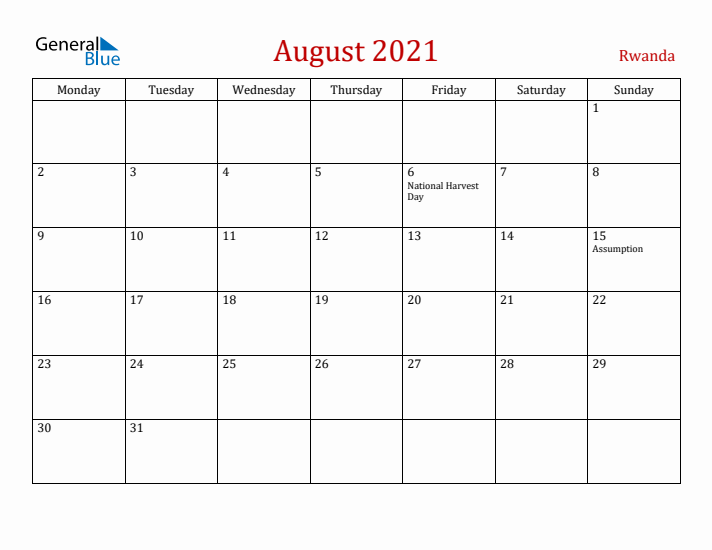 Rwanda August 2021 Calendar - Monday Start