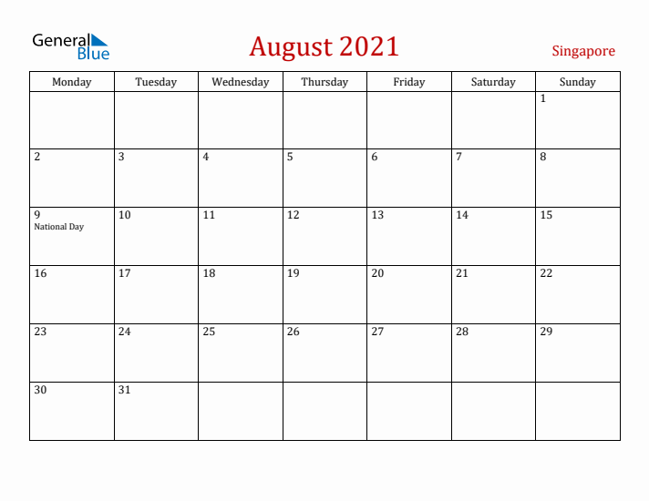 Singapore August 2021 Calendar - Monday Start