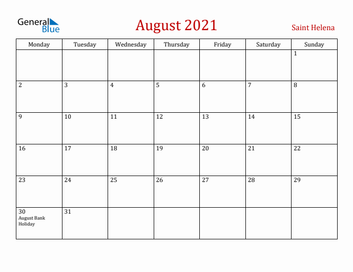 Saint Helena August 2021 Calendar - Monday Start