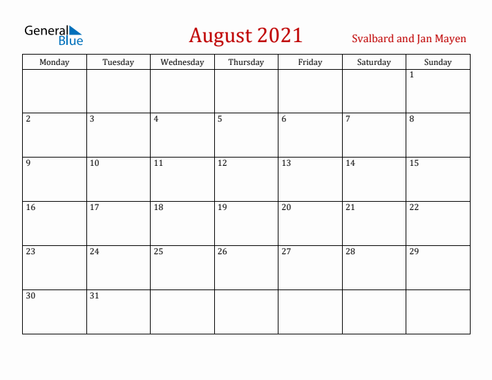 Svalbard and Jan Mayen August 2021 Calendar - Monday Start