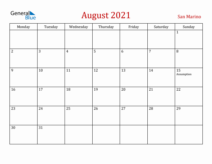 San Marino August 2021 Calendar - Monday Start