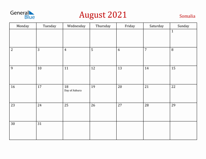 Somalia August 2021 Calendar - Monday Start