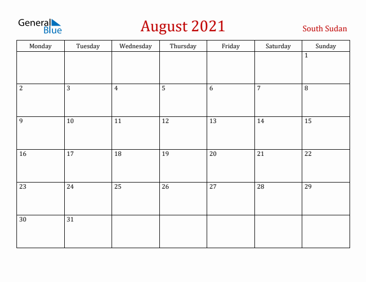 South Sudan August 2021 Calendar - Monday Start