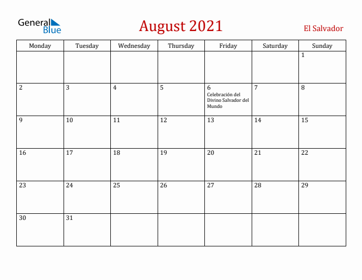 El Salvador August 2021 Calendar - Monday Start