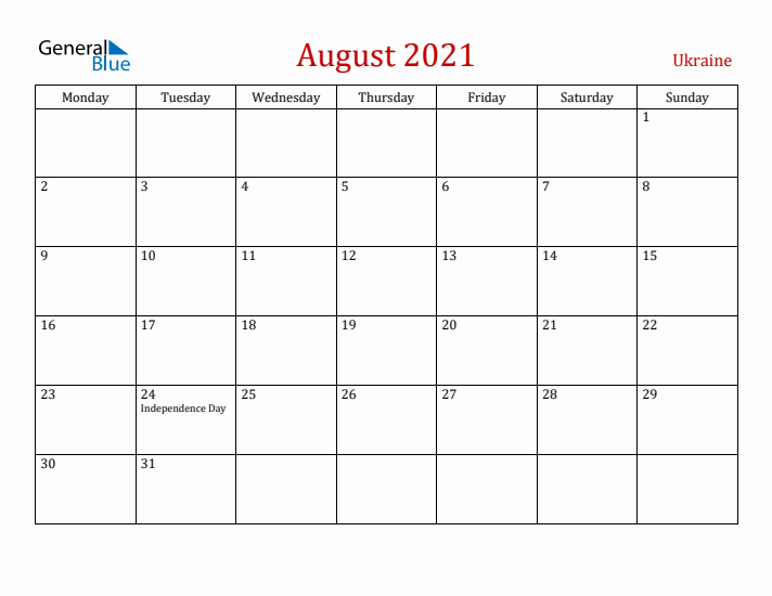 Ukraine August 2021 Calendar - Monday Start