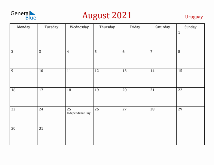 Uruguay August 2021 Calendar - Monday Start
