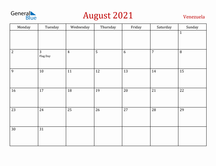 Venezuela August 2021 Calendar - Monday Start