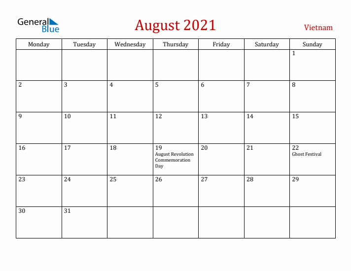 Vietnam August 2021 Calendar - Monday Start