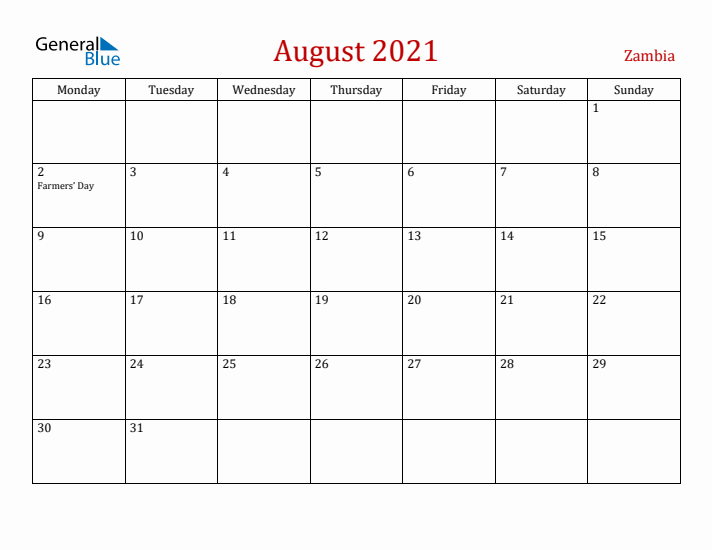 Zambia August 2021 Calendar - Monday Start