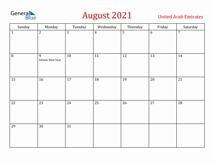 United Arab Emirates August 2021 Calendar - Sunday Start