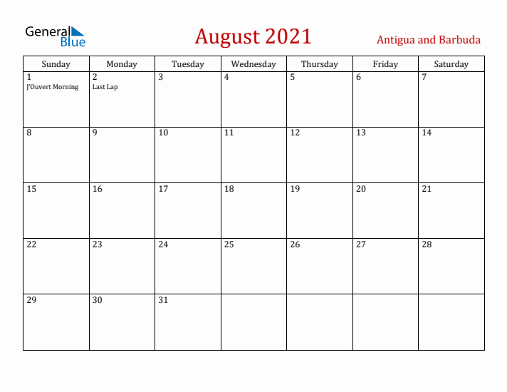 Antigua and Barbuda August 2021 Calendar - Sunday Start