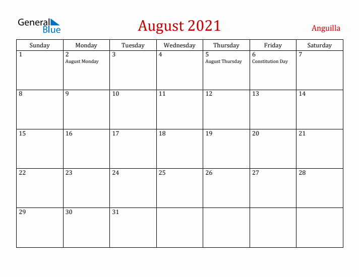 Anguilla August 2021 Calendar - Sunday Start