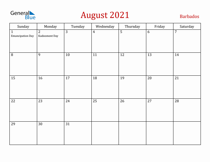Barbados August 2021 Calendar - Sunday Start