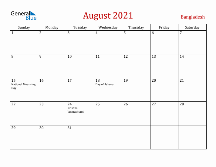 Bangladesh August 2021 Calendar - Sunday Start
