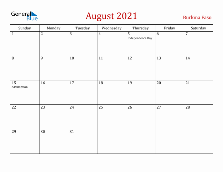Burkina Faso August 2021 Calendar - Sunday Start