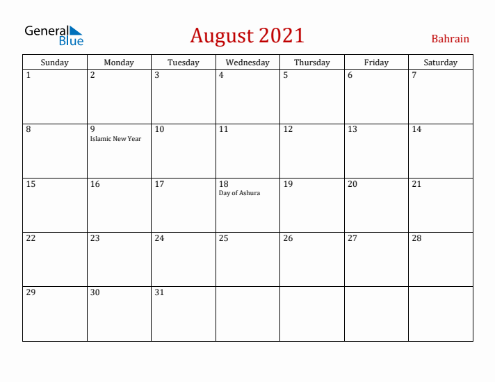 Bahrain August 2021 Calendar - Sunday Start