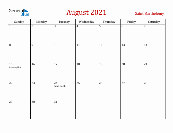 Saint Barthelemy August 2021 Calendar - Sunday Start