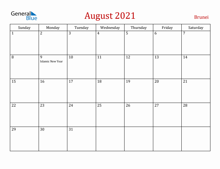 Brunei August 2021 Calendar - Sunday Start