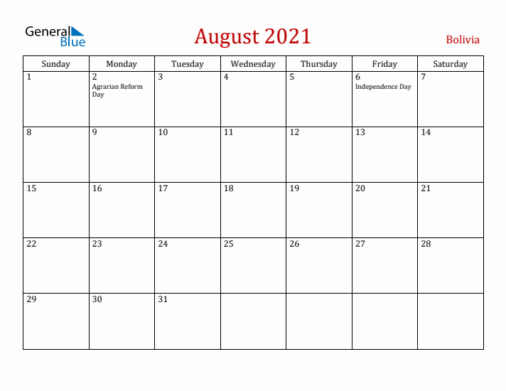 Bolivia August 2021 Calendar - Sunday Start