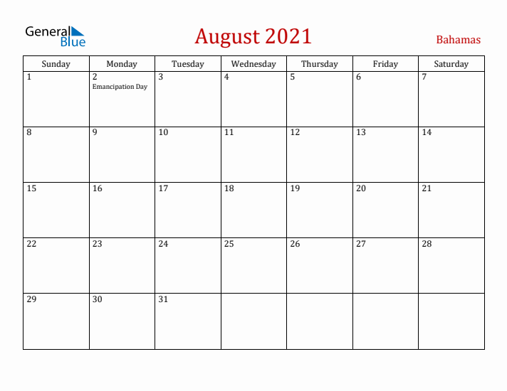 Bahamas August 2021 Calendar - Sunday Start